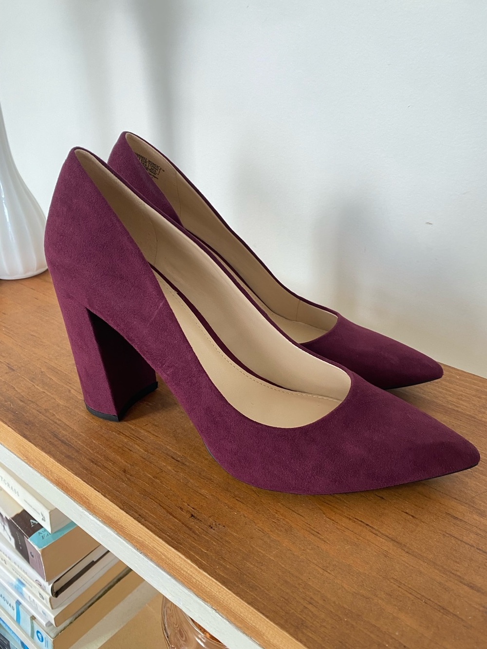 Nine West Cara block heel burgundy suede pointed toe pumps